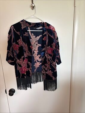 Buffalo David Bitton Navy Velvet Floral Fringe Open Jacket